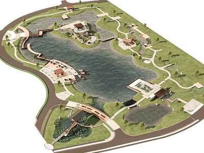 Scenic Waterfront Landscape Design With Lake Green Spaces Walkways And Bridge 3d model