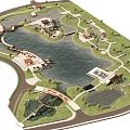 Scenic Waterfront Landscape Design With Lake Green Spaces Walkways And Bridge