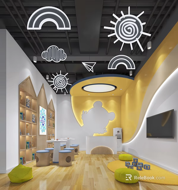 Colorful Kindergarten Interior Design With Sun Cloud And Rainbow Decorations 3d model 