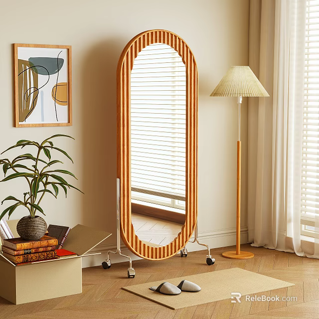 Oval Wooden Standing Mirror On Wheels In Living Room With Floor Lamp And Potted Plant 3d model 
