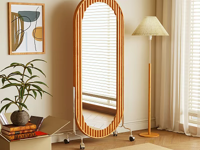Oval Wooden Standing Mirror On Wheels In Living Room With Floor Lamp And Potted Plant 3d model