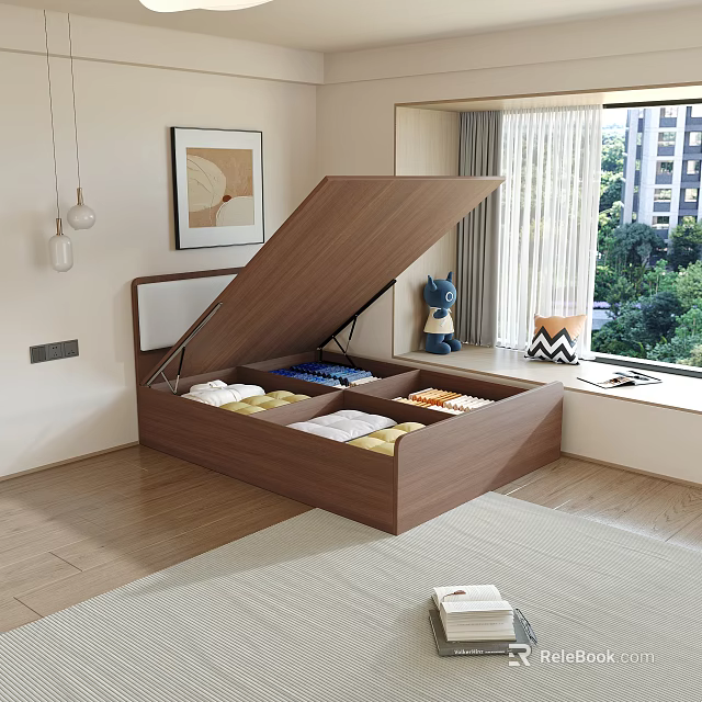 Wooden Single Bed With Open Lid Storage Compartments In Modern Bedroom Interior 3d model 