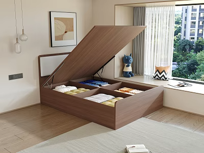 Wooden Single Bed With Open Lid Storage Compartments In Modern Bedroom Interior 3d model