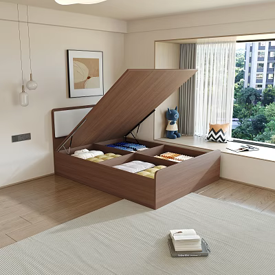 Wooden Single Bed With Open Lid Storage Compartments In Modern Bedroom Interior 3d model