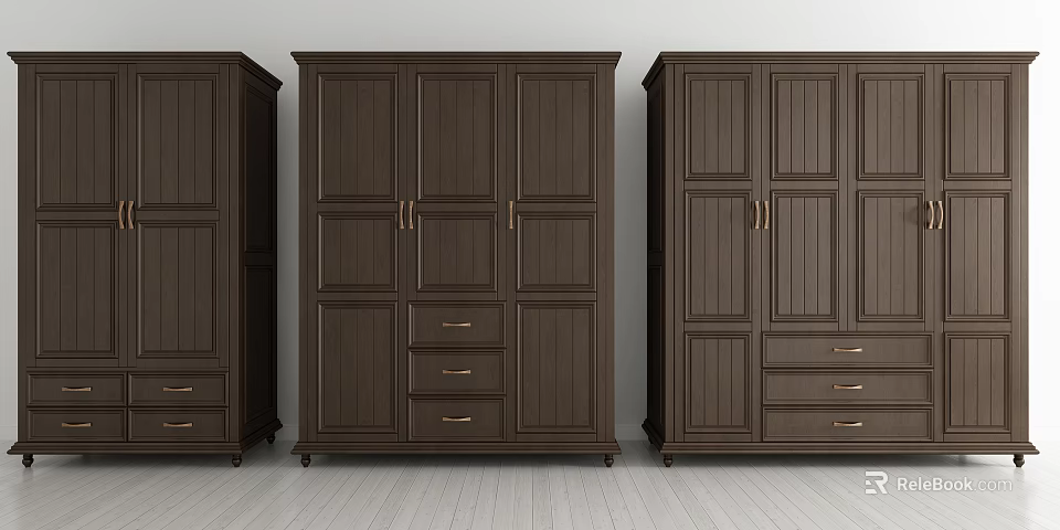 Classic Dark Wooden Wardrobe Design With Cabinet Doors Drawers And Brass Handles 3d model 