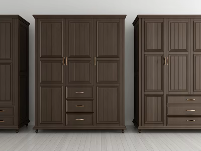 Classic Dark Wooden Wardrobe Design With Cabinet Doors Drawers And Brass Handles 3d model