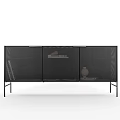 Modern Black TV Stand With Mesh Doors Open Storage And Metal Frame