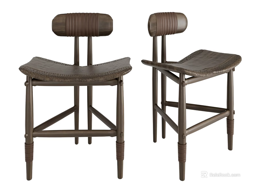 Modern Wooden Dining Chairs With Striped Backrest And Curved Woven Seat 3d model 