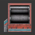 Red Industrial Machine Structure With Black Rollers Metal Platform And Control Panel