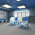 School Classroom With Blue Starry Ceiling Tables Chairs And Create Murals Environment 3d model
