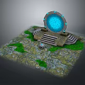 Architectural Stone Structure With Blue Glowing Circular Disk Steps And Green Moss 3d model