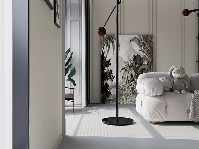 Modern Minimalist Living Room With White Sofa Wall Art And Bright Lighting 3d model