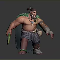 Tribal Warrior Character With Muscular Build Tattooed Body Green Weapon Feathered Headdress And Beaded Accessories
