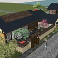 Traditional Style Commercial Complex With Black Roof Large Glass Windows And Water Pond Lotus Leaves