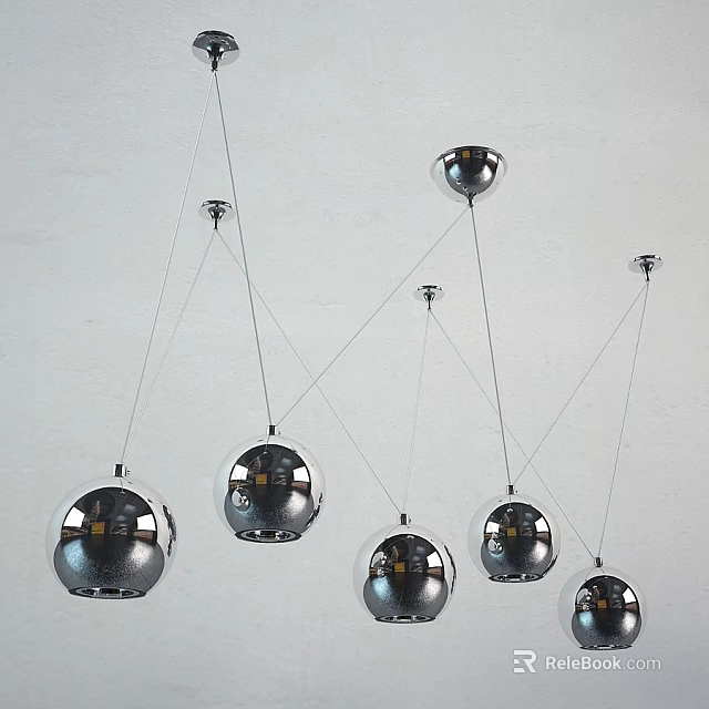 Multiple Silver Spherical Pendant Lights Hanging from White Ceiling in Modern Space 3d model