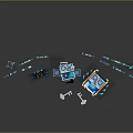 Futuristic Blue And White Mechanical Device With Wings Surrounded By Various Blue Weapons And Chest