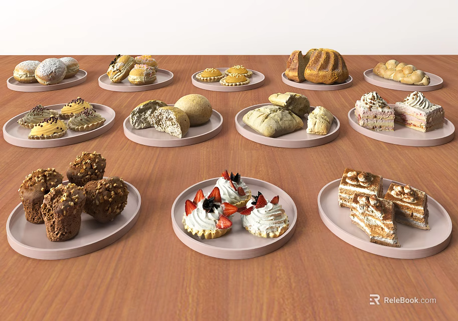 Various Desserts And Bread Arranged On Plates Over Wooden Table Surface 3d model 
