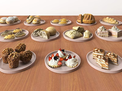 Various Desserts And Bread Arranged On Plates Over Wooden Table Surface 3d model