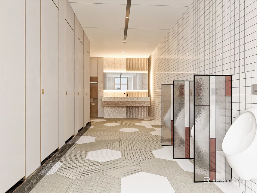 Public Restroom Modern Interior Design With White Cubicles Hexagonal Floor Tiles And Mirrored Sink Counter 3d model 