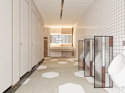 Public Restroom Modern Interior Design With White Cubicles Hexagonal Floor Tiles And Mirrored Sink Counter 3d model