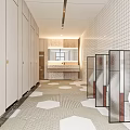 Public Restroom Modern Interior Design With White Cubicles Hexagonal Floor Tiles And Mirrored Sink Counter