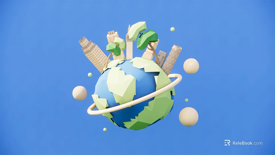 Modern Decorative Globe With Buildings Trees And Spheres On Blue Background 3d model 
