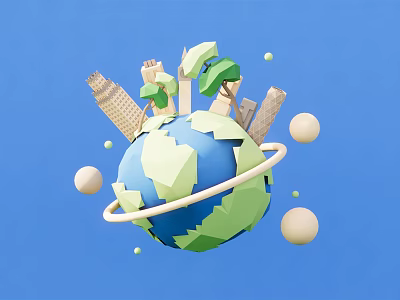 Modern Decorative Globe With Buildings Trees And Spheres On Blue Background 3d model