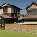 Japanese Style Two Story Guesthouse Building With Wooden Structure Glass Windows Lawn And Stone Path