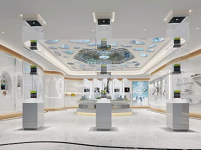 Modern Exhibition Hall Interior With Display Stands Unique Ceiling And Glass Lighting Elements 3d model