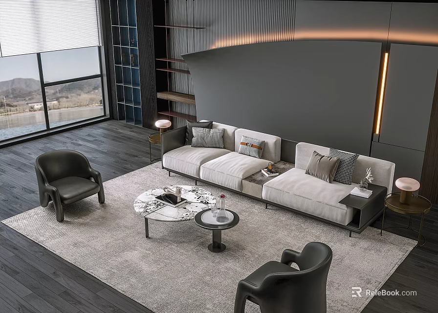 Modern Living Room Sofa Coffee Table Set With Marble Top Armchairs And Rug 3d model 