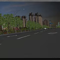 Urban Road Facilities With Street Lamps Lane Markings Trees Alongside High Rise Buildings And Vehicles