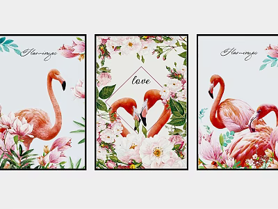 Decorative Flamingo Animal Paintings With Pink Birds Floral Designs And Green Leaves 3d model