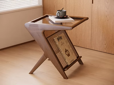 Modern Wooden Side Table with Glass Top and Magazine Shelf in Living Room 3d model