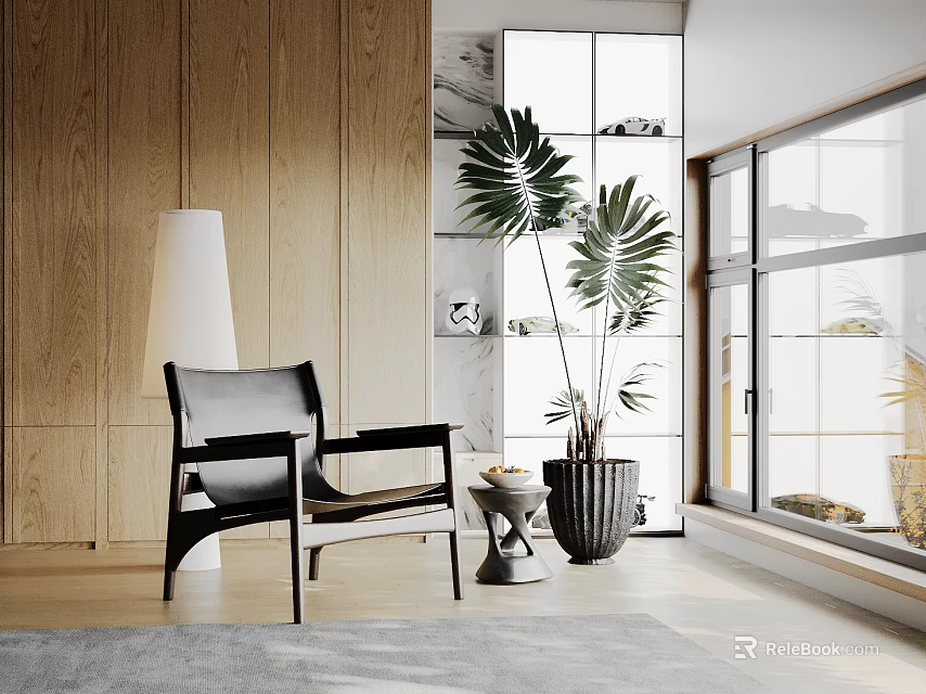 Modern Interior Featuring Black Accent Chair Wooden Wall Floor Lamp And Large Plant 3d model 