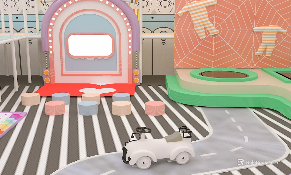 Cartoon Play Scene With Pink Arched Doorway Colorful Stools Green Trampoline And White Toy Car 3d model 