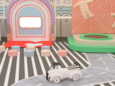 Cartoon Play Scene With Pink Arched Doorway Colorful Stools Green Trampoline And White Toy Car 3d model