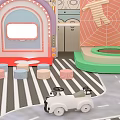 Cartoon Play Scene With Pink Arched Doorway Colorful Stools Green Trampoline And White Toy Car