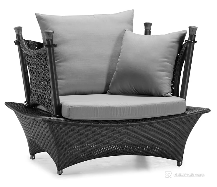 Comfortable Outdoor Sofa With Wicker Design Gray Cushions And Black Frame 3d model