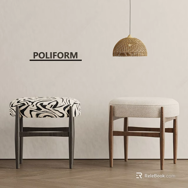 Two POLIFORM Stylish Stools with Zebra Pattern Beige Fabric Seats Wooden Legs Rattan Pendant Light 3d model 