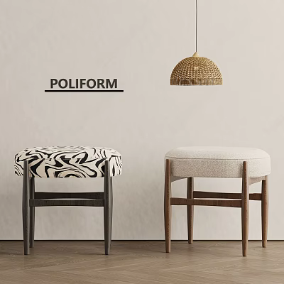 Two POLIFORM Stylish Stools with Zebra Pattern Beige Fabric Seats Wooden Legs Rattan Pendant Light 3d model