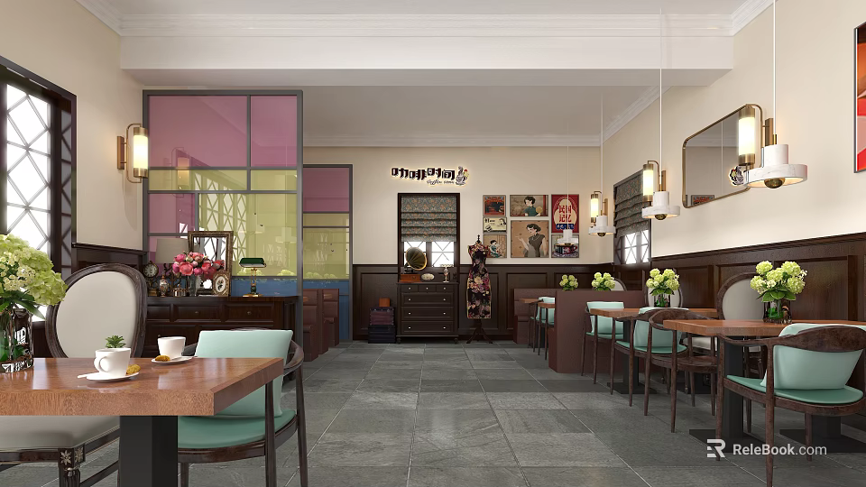 Cozy Café Interior With Wooden Tables Green Chairs Decorative Paintings And Warm Lighting 3d model 