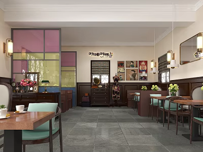 Cozy Café Interior With Wooden Tables Green Chairs Decorative Paintings And Warm Lighting 3d model