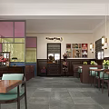 Cozy Café Interior With Wooden Tables Green Chairs Decorative Paintings And Warm Lighting