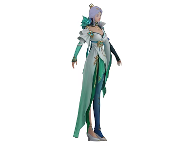 Game Movie Character With Purple Hair Teal Green Robe And Golden Decorations 3d model