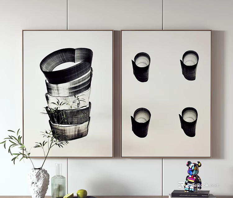 Wall Decorative Paintings Featuring Spiral Structure And Four Cup Shaped Black Designs 3d model