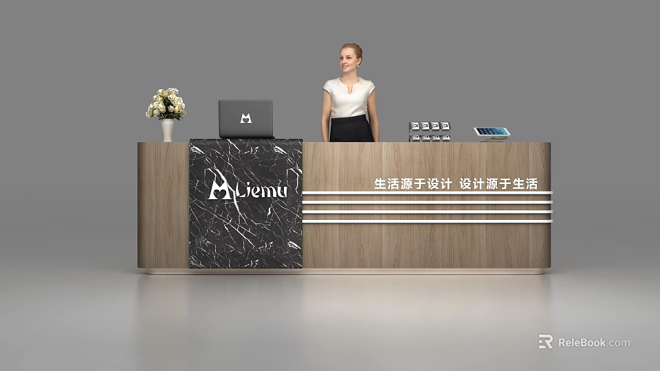 Modern Reception Desk With Wooden Frame Marble Panel Laptop Vase And Flowers 3d model 