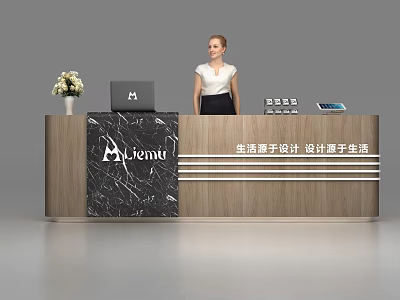 Modern Reception Desk With Wooden Frame Marble Panel Laptop Vase And Flowers 3d model
