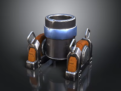 Sturdy Mechanical Weapon Featuring Cylindrical Metal Body And Wooden Supporting Frames 3d model