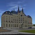European Style Office Building Featuring White Exterior Blue Roof Spires Arched Windows Street Grass Trees