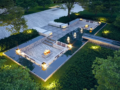 Outdoor Water Fountain Design With Garden Greenery Ambient Lighting Stone Seating And Marble Flooring 3d model
